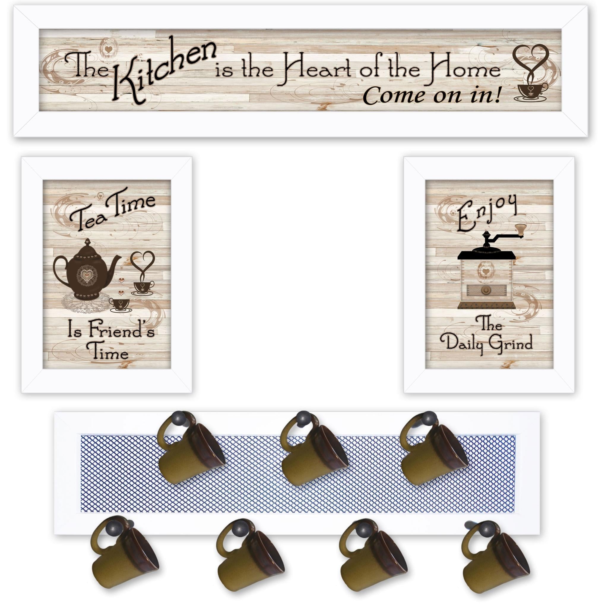 Set Of Four Kitchen Collection IV with Seven Peg Mug Rack 4 White Framed Kitchen Wall Art