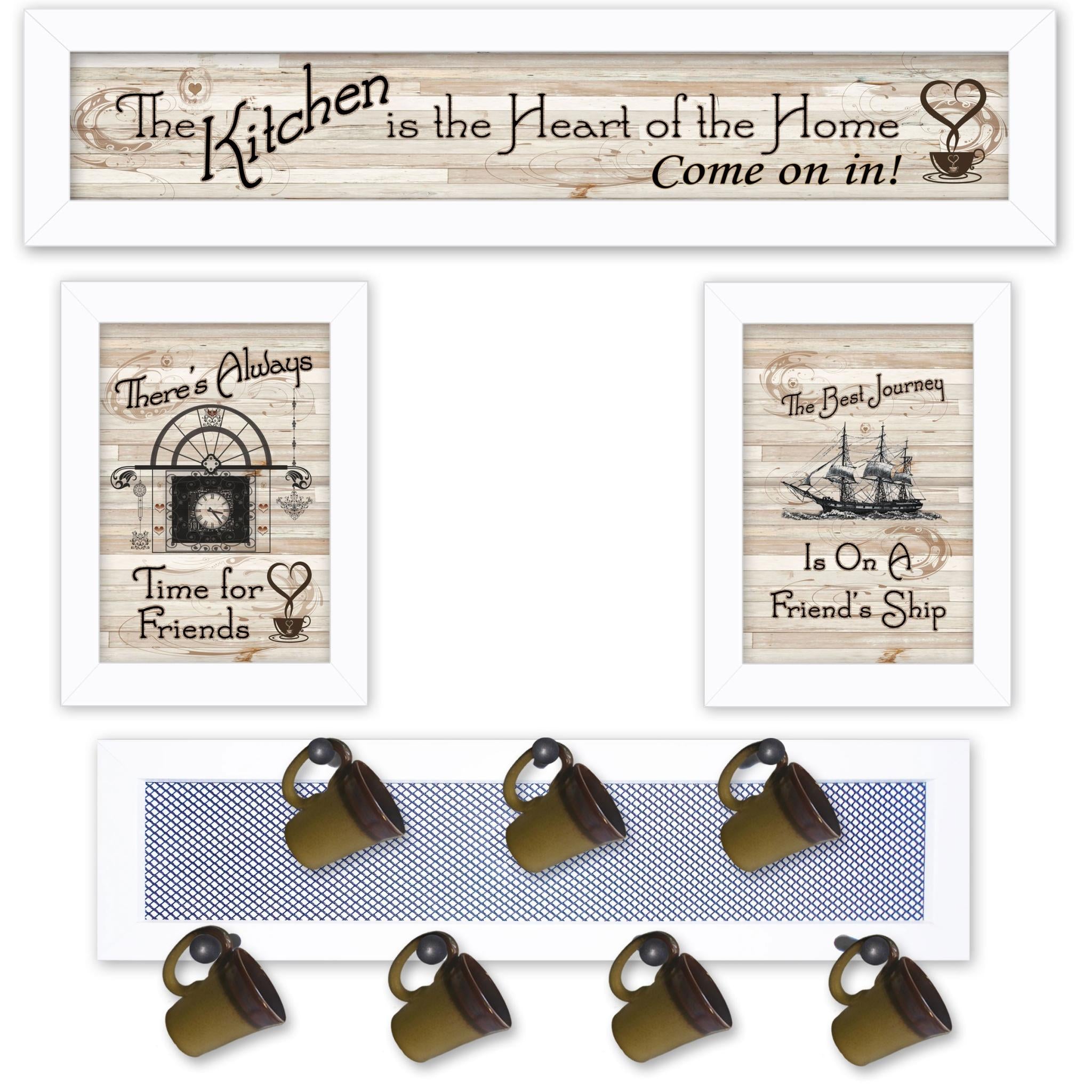 Set Of Four Kitchen Collection VI with Seven Peg Mug Rack 4 White Framed Kitchen Wall Art