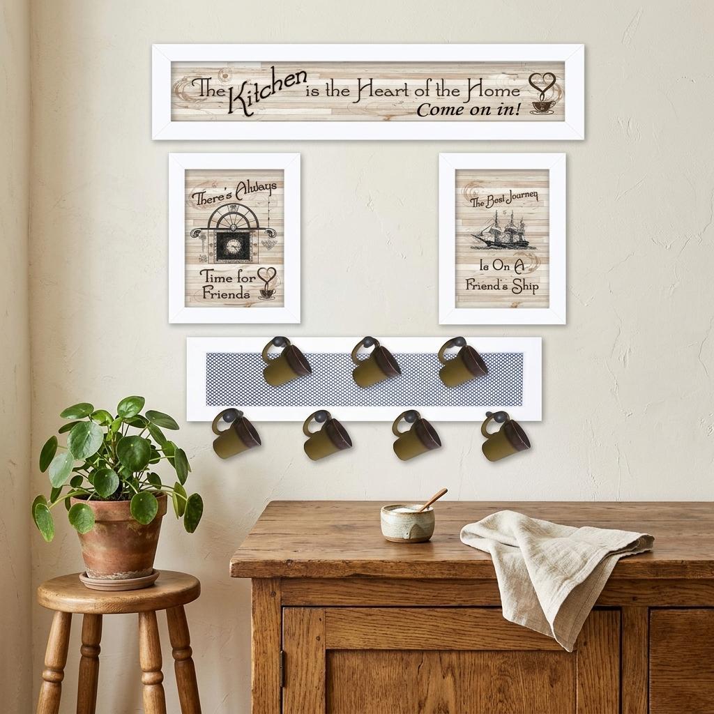 Set Of Four Kitchen Collection VI with Seven Peg Mug Rack 4 White Framed Kitchen Wall Art