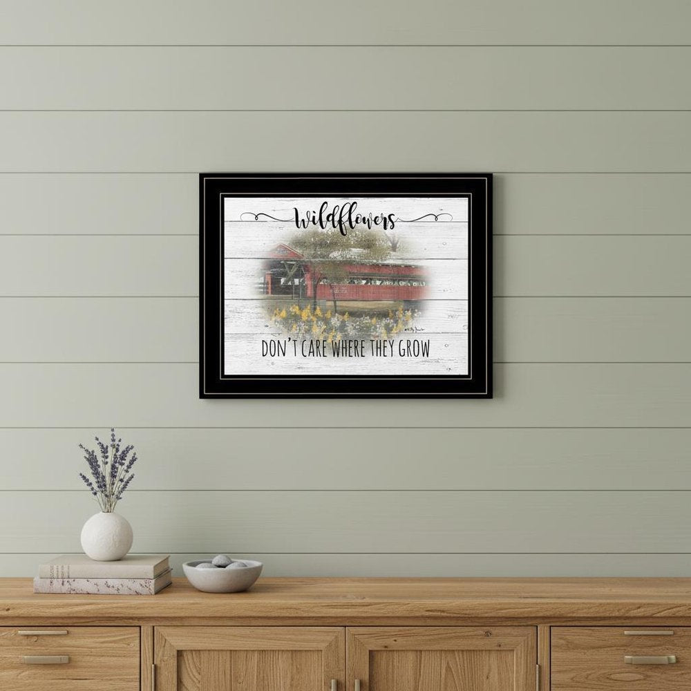 Wildflowers Covered Bridge Black Framed Print Wall Art