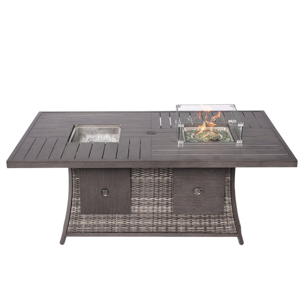 Gray Wicker Outdoor Gas Fire Pit Table with Ice Bucket