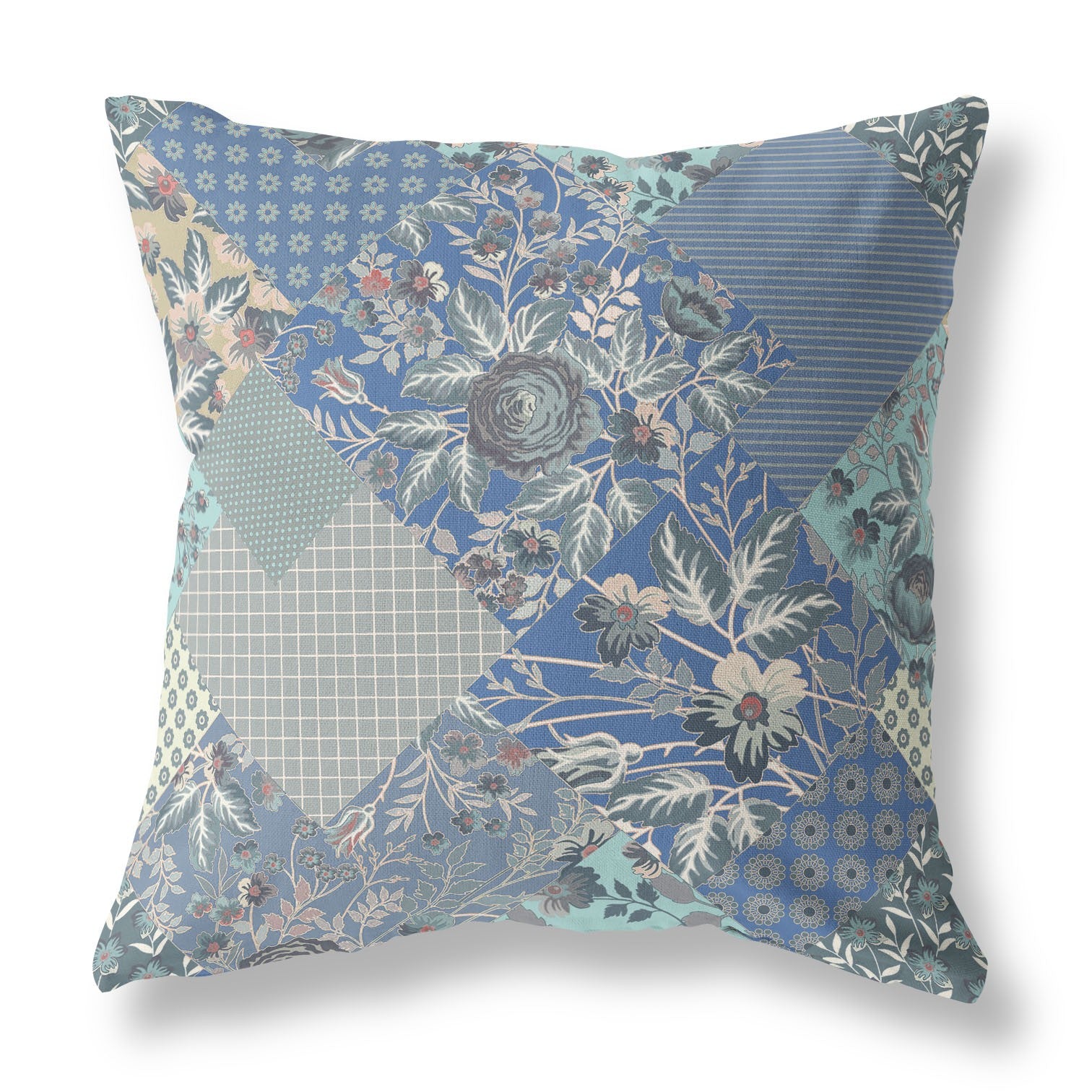 18" Gray Blue Boho Floral Indoor Outdoor Throw Pillow