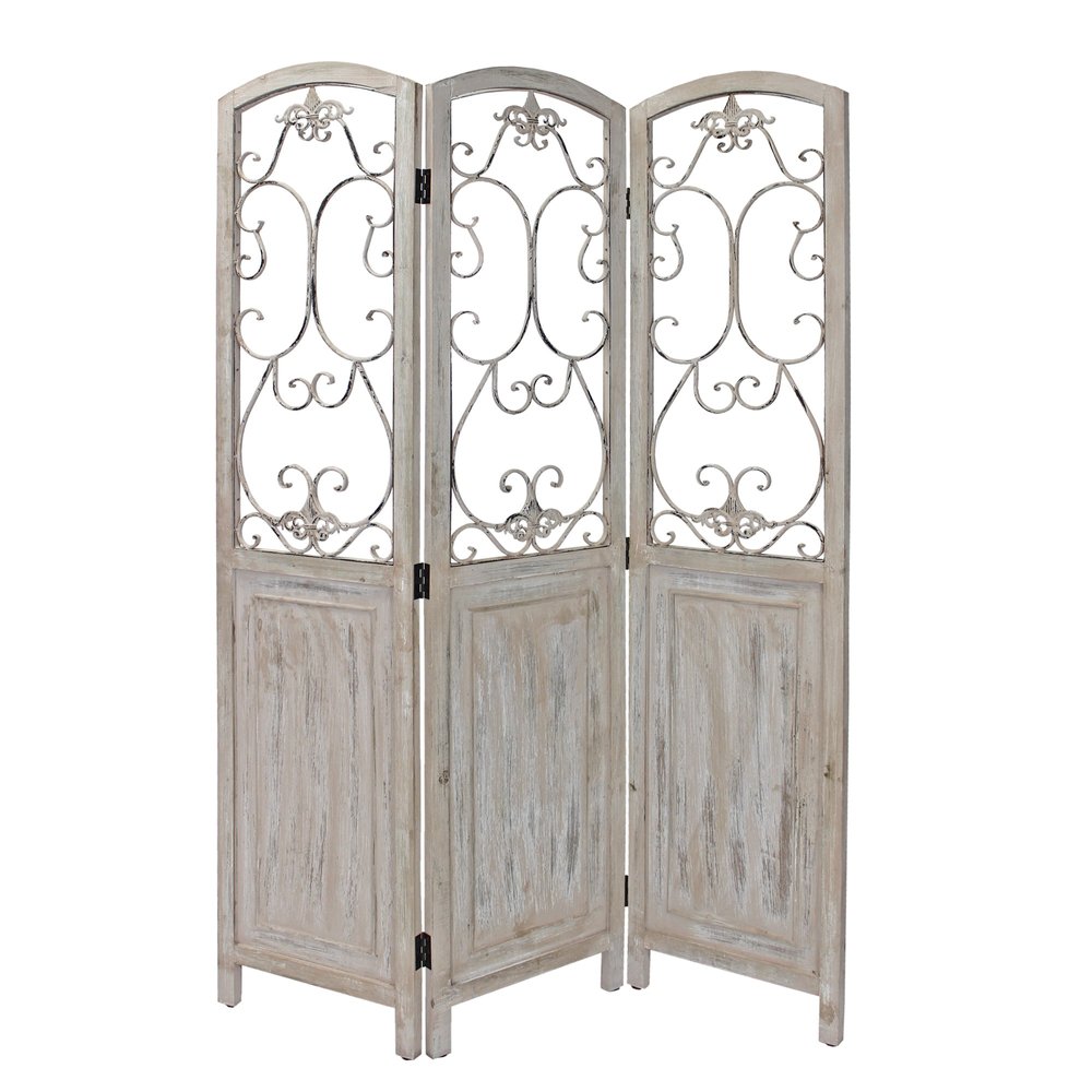 68" Beige Metal And Wood Folding Three Panel Screen Room Divider