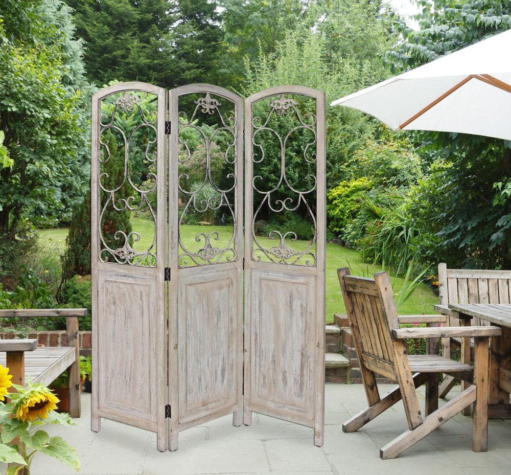 68" Beige Metal And Wood Folding Three Panel Screen Room Divider
