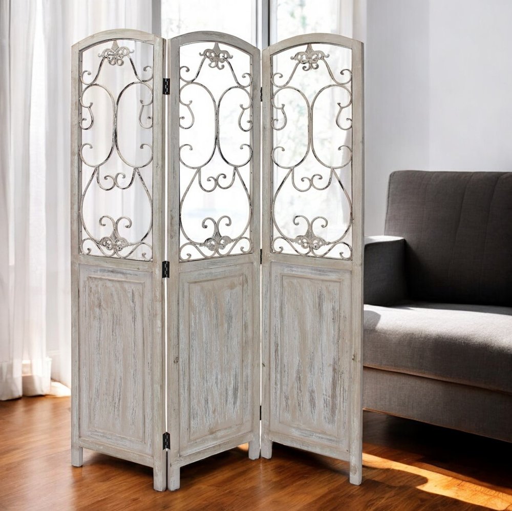 68" Beige Metal And Wood Folding Three Panel Screen Room Divider