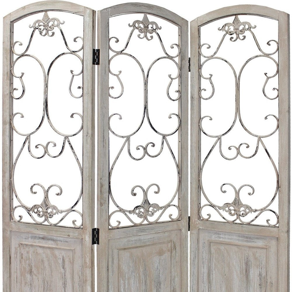 68" Beige Metal And Wood Folding Three Panel Screen Room Divider