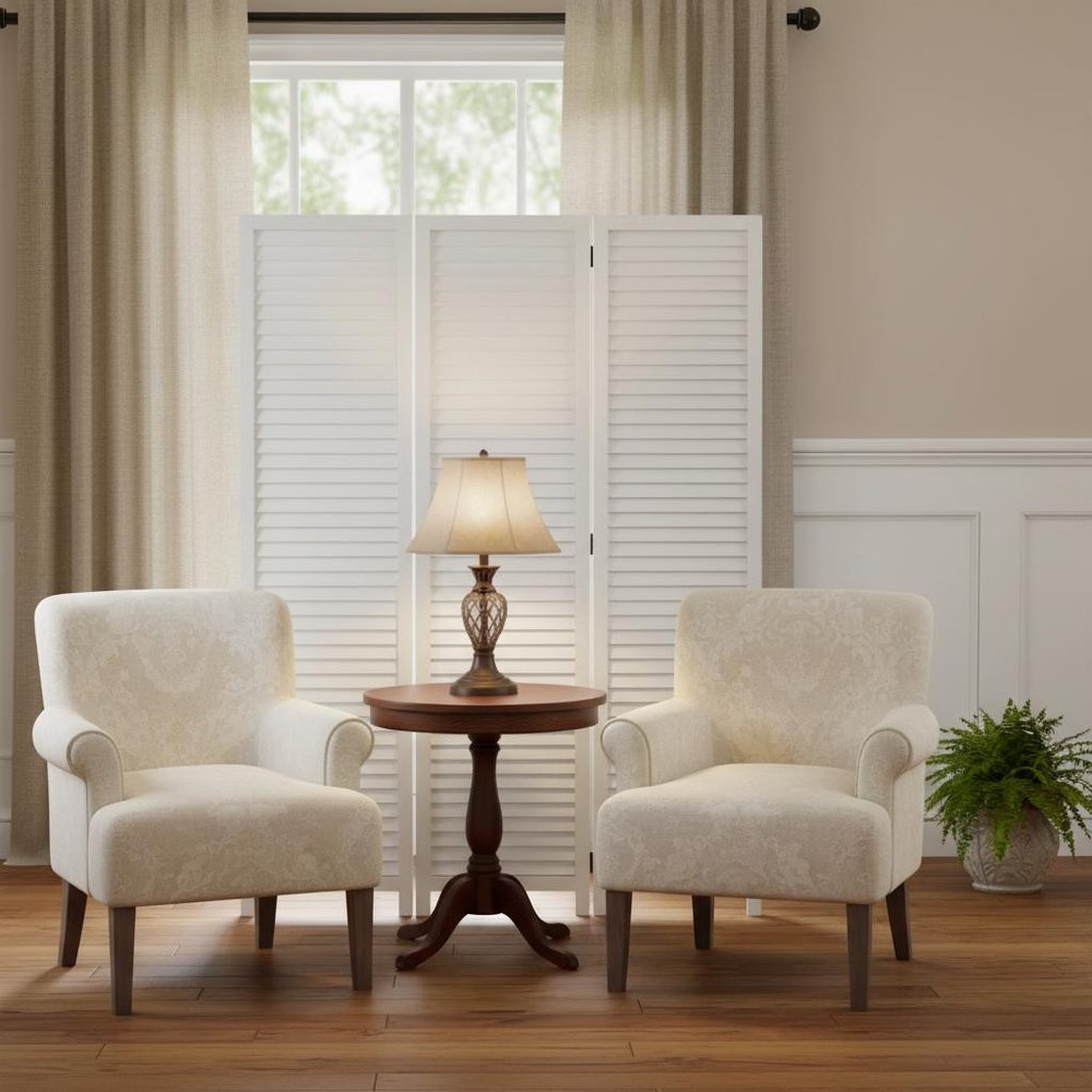 White Louvered Three Panel Room Divider Screen