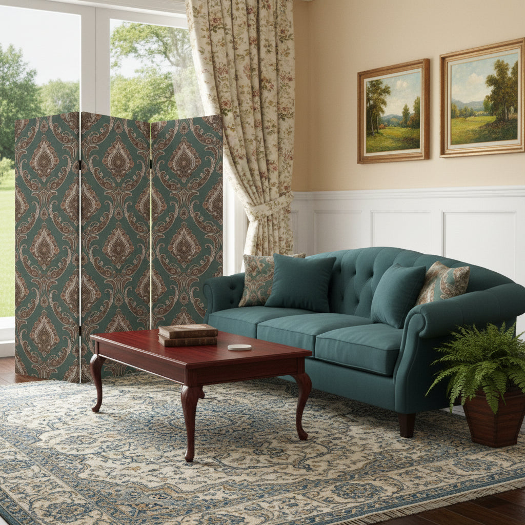 Vintage Green Baroque Three Panel Room Divider Screen