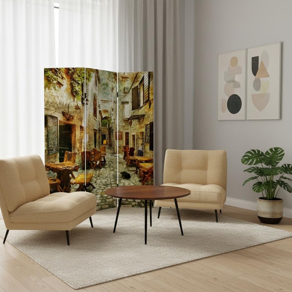 Romantic European Street Three Panel Room Divider Screen