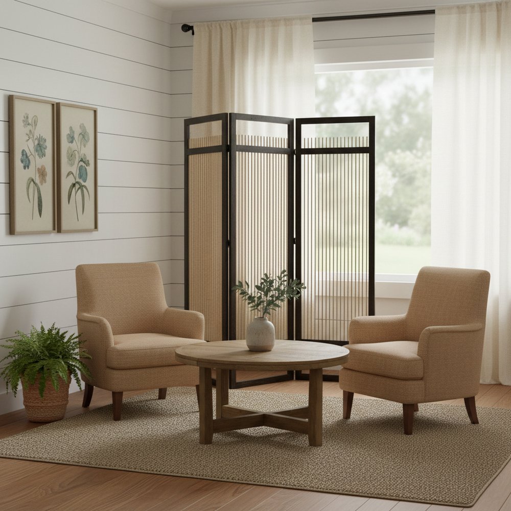 72" Brown Folding Three Panel Screen Room Divider