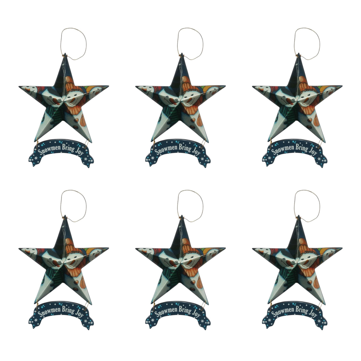 Set of Six Star Shaped Snowmen Joy Christmas Ornaments
