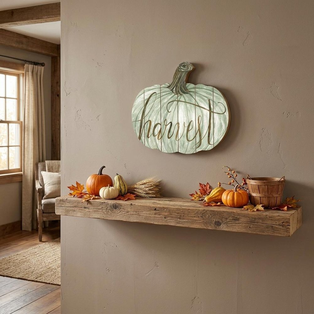 15" X 17" Brown And Green Wood Harvest Pumpkin Hanging Dimensional Sculpture