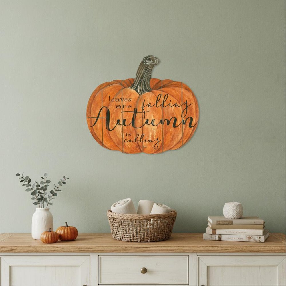 15" X 17" Orange And Black Wood Leaves Are Falling Autumn Is Calling Pumpkin Hanging Dimensional Sculpture