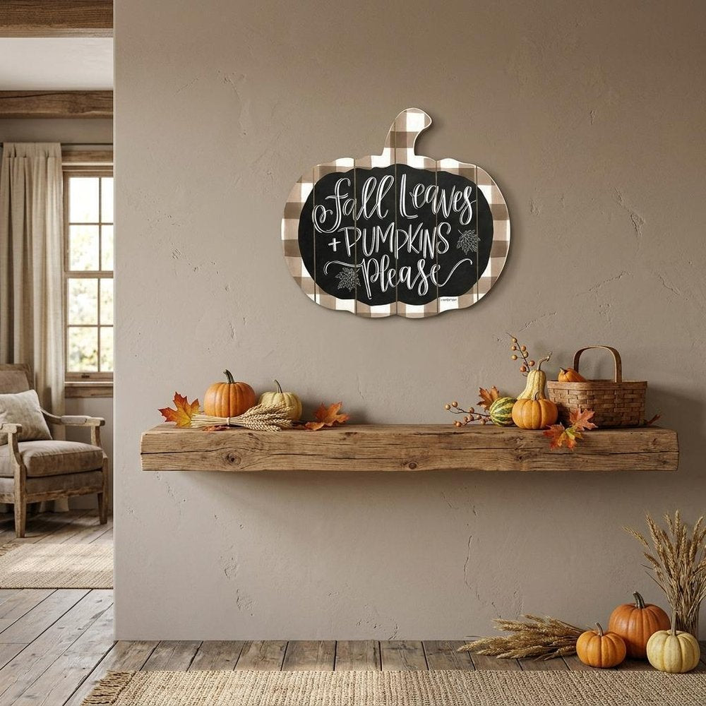 15" X 17" Brown And White Fall Leaves and Pumpkins Please Hanging Dimensional Sculpture