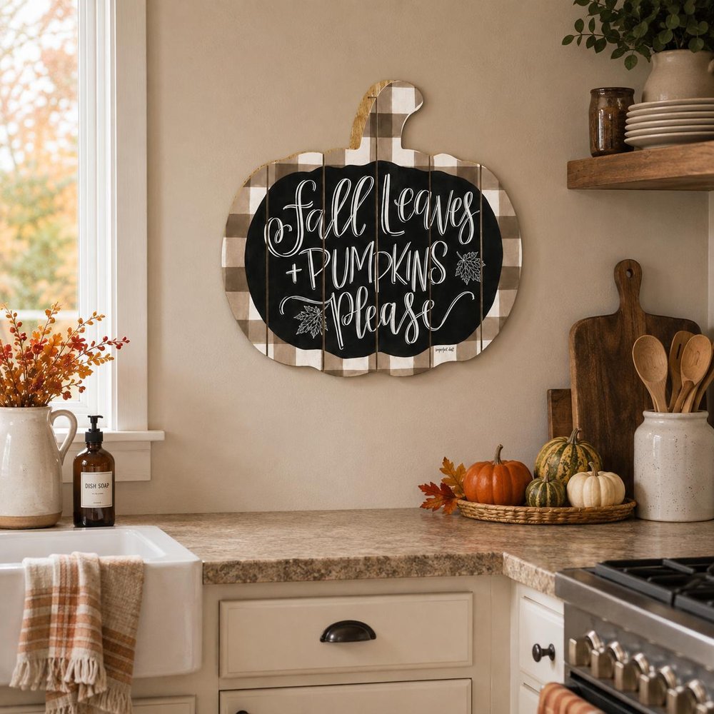 15" X 17" Brown And White Fall Leaves and Pumpkins Please Hanging Dimensional Sculpture