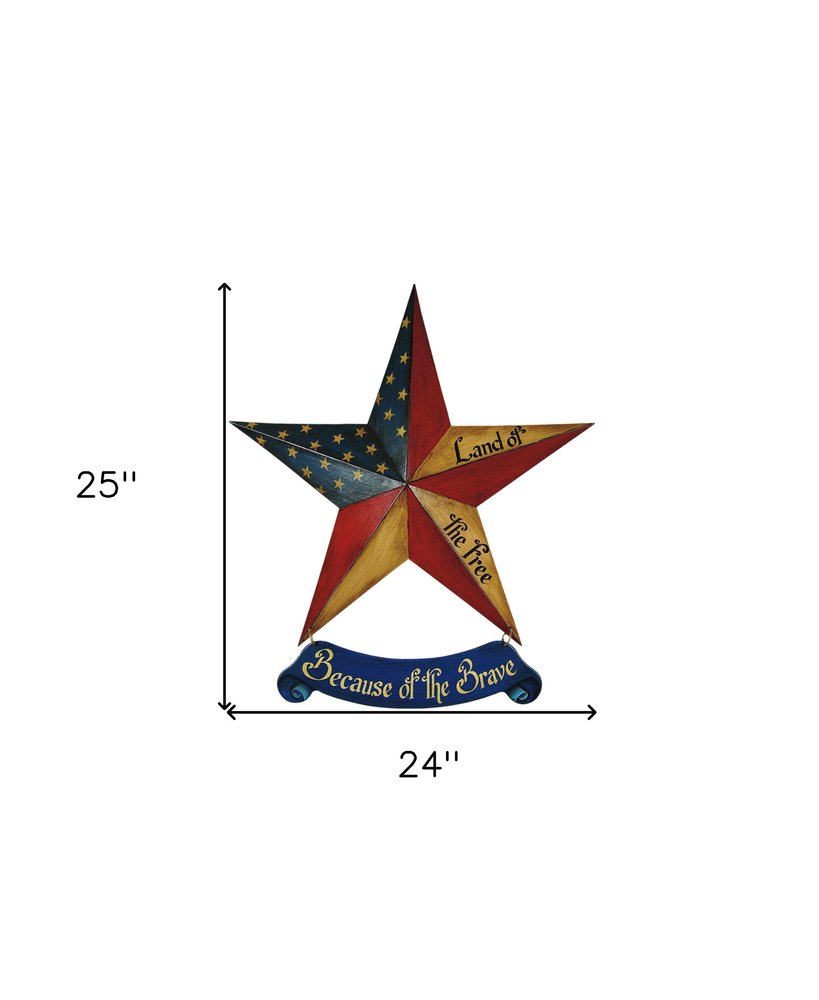 25" X 24" Blue And Red Wood And Metal Star Patriotic Hanging Dimensional Sculpture