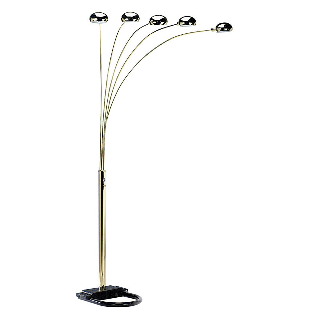 84" Gold Five Light Arc Floor Lamp With Brass Metal Dome Shade