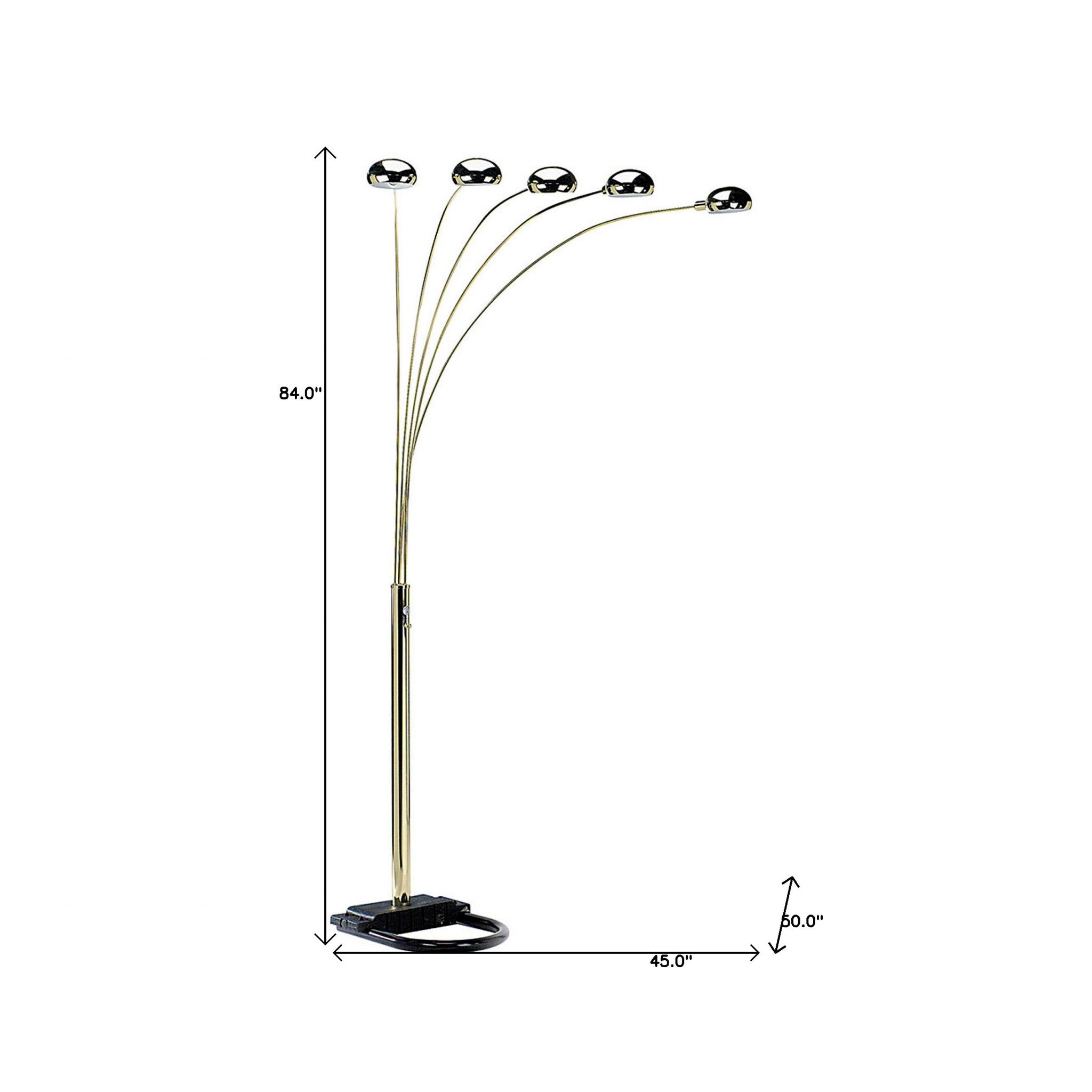 84" Gold Five Light Arc Floor Lamp With Brass Metal Dome Shade