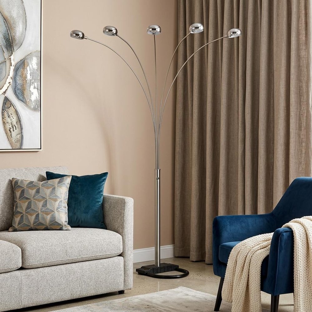 84" Nickel Five Lights Arc Floor Lamp With Nickel Dome Shade