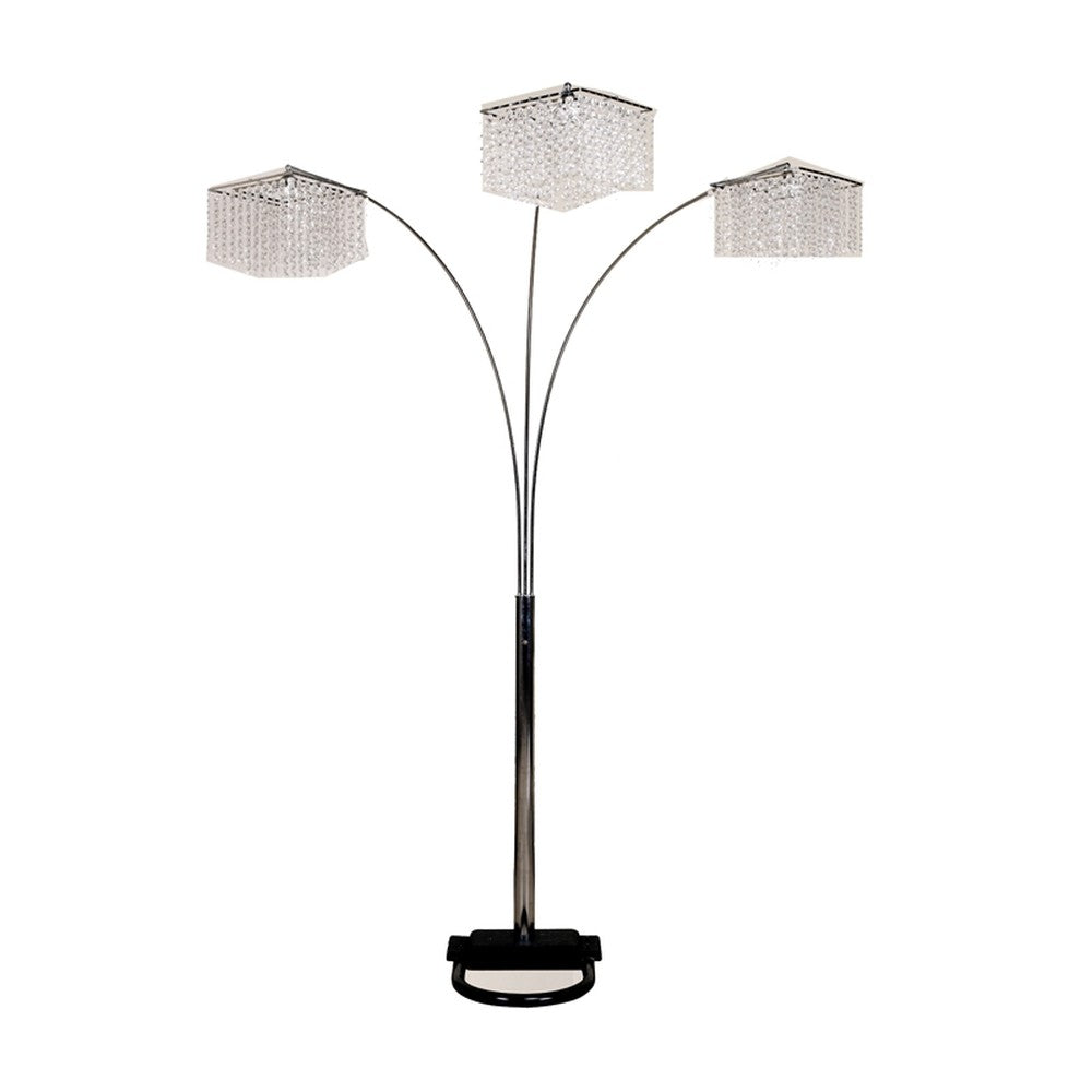 84" Silver Three Light Arched Floor Lamp With Clear Crystal Square Shade