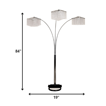 84" Silver Three Light Arched Floor Lamp With Clear Crystal Square Shade