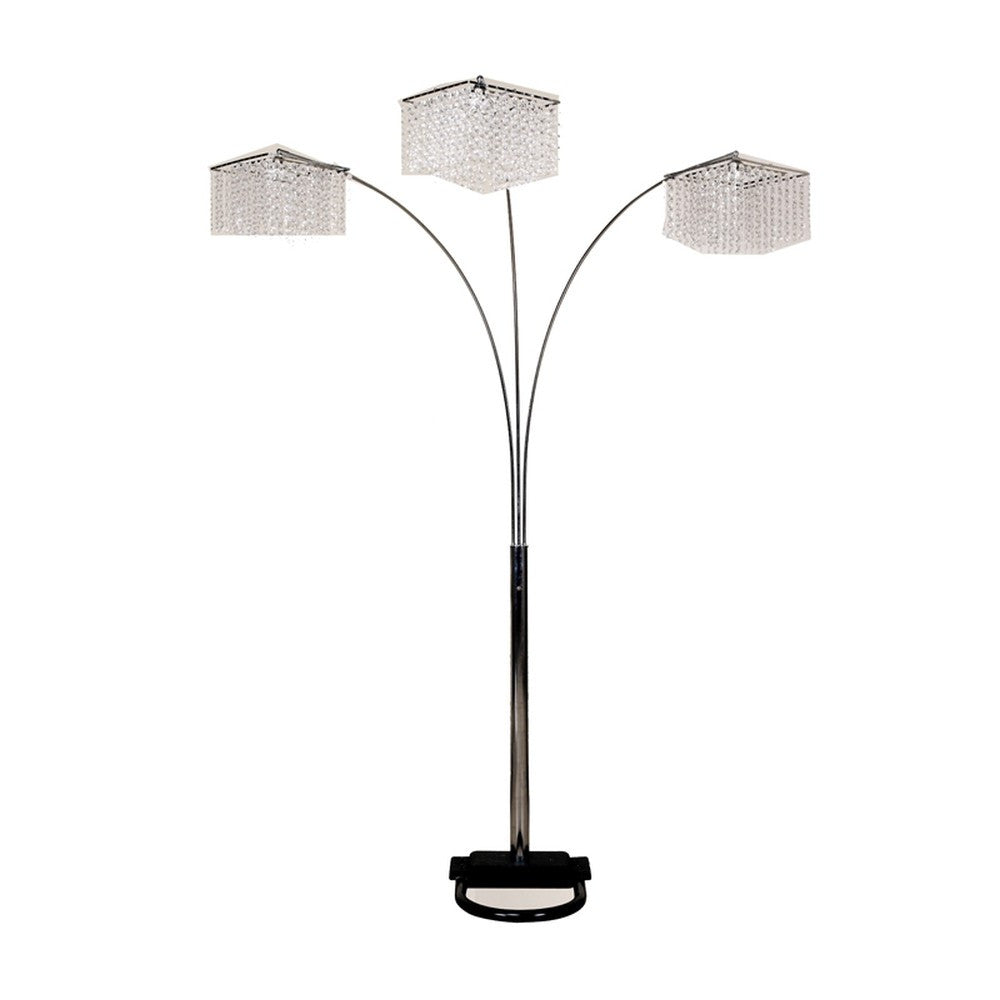 84" Silver Three Light Arched Floor Lamp With Clear Crystal Square Shade