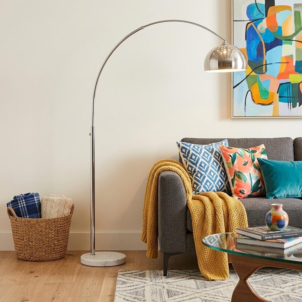 85" White Metal Arched Floor Lamp With Silver Metal Dome Shade