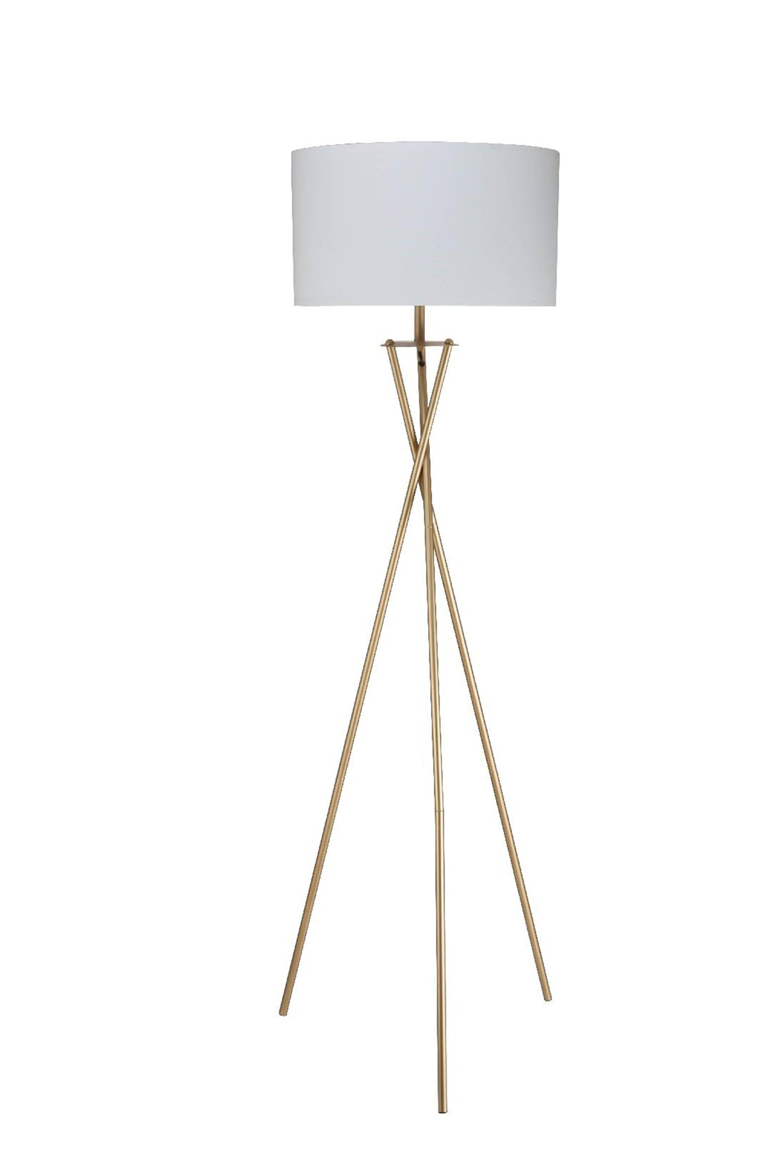 65" Gold And White Tripod Floor Lamp With White Fabric Drum Shade