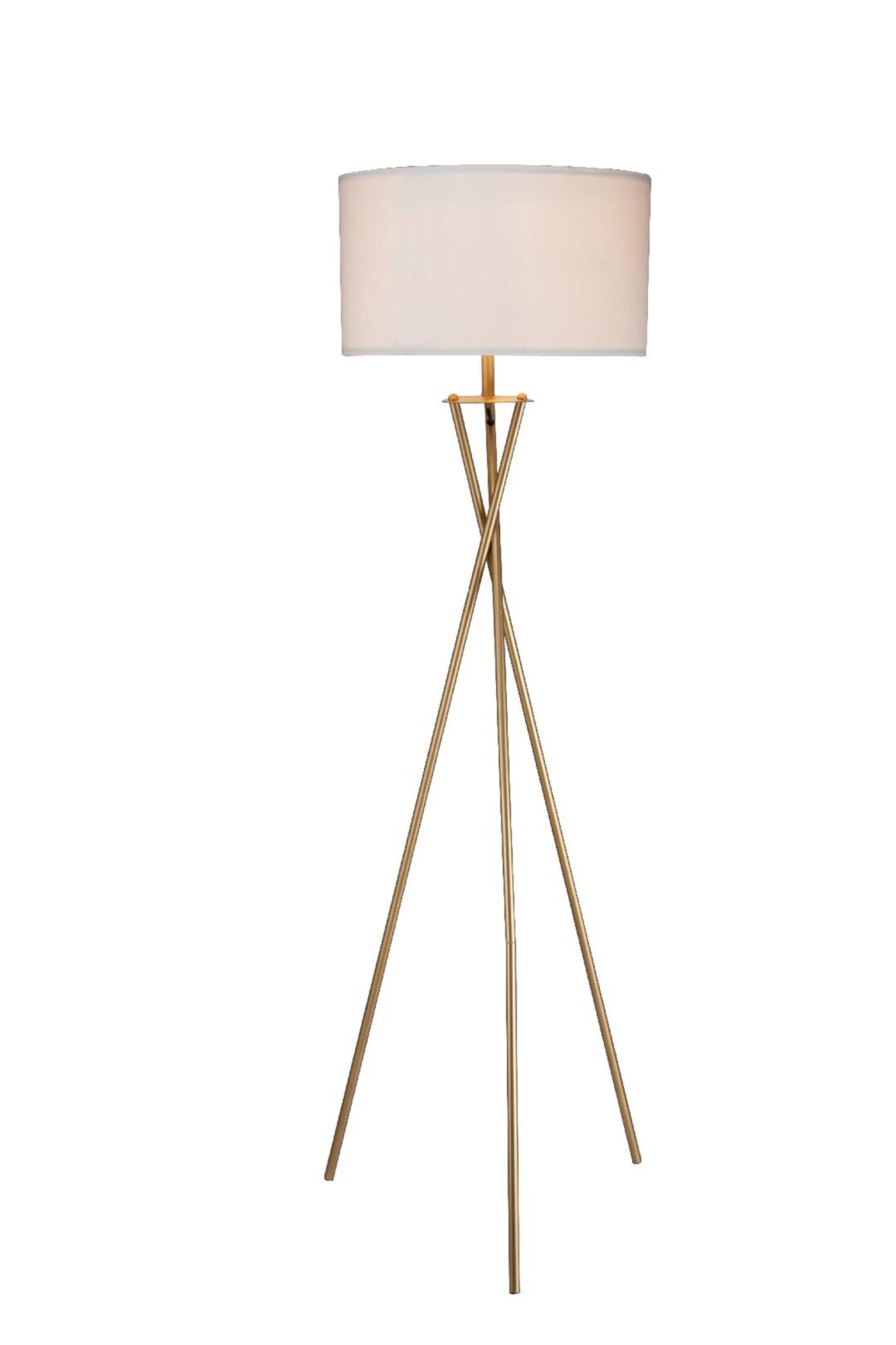 65" Gold And White Tripod Floor Lamp With White Fabric Drum Shade