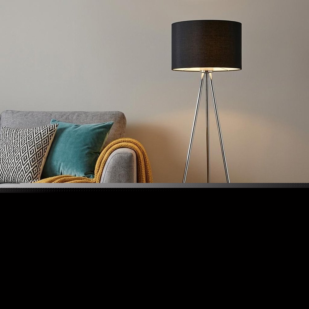 59" Silver Tripod Floor Lamp With Black Fabric Drum Shade