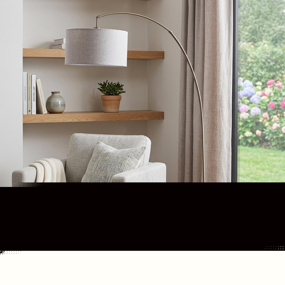 86" Beige And Antique Gold Arched Floor Lamp With Gray Drum Shade