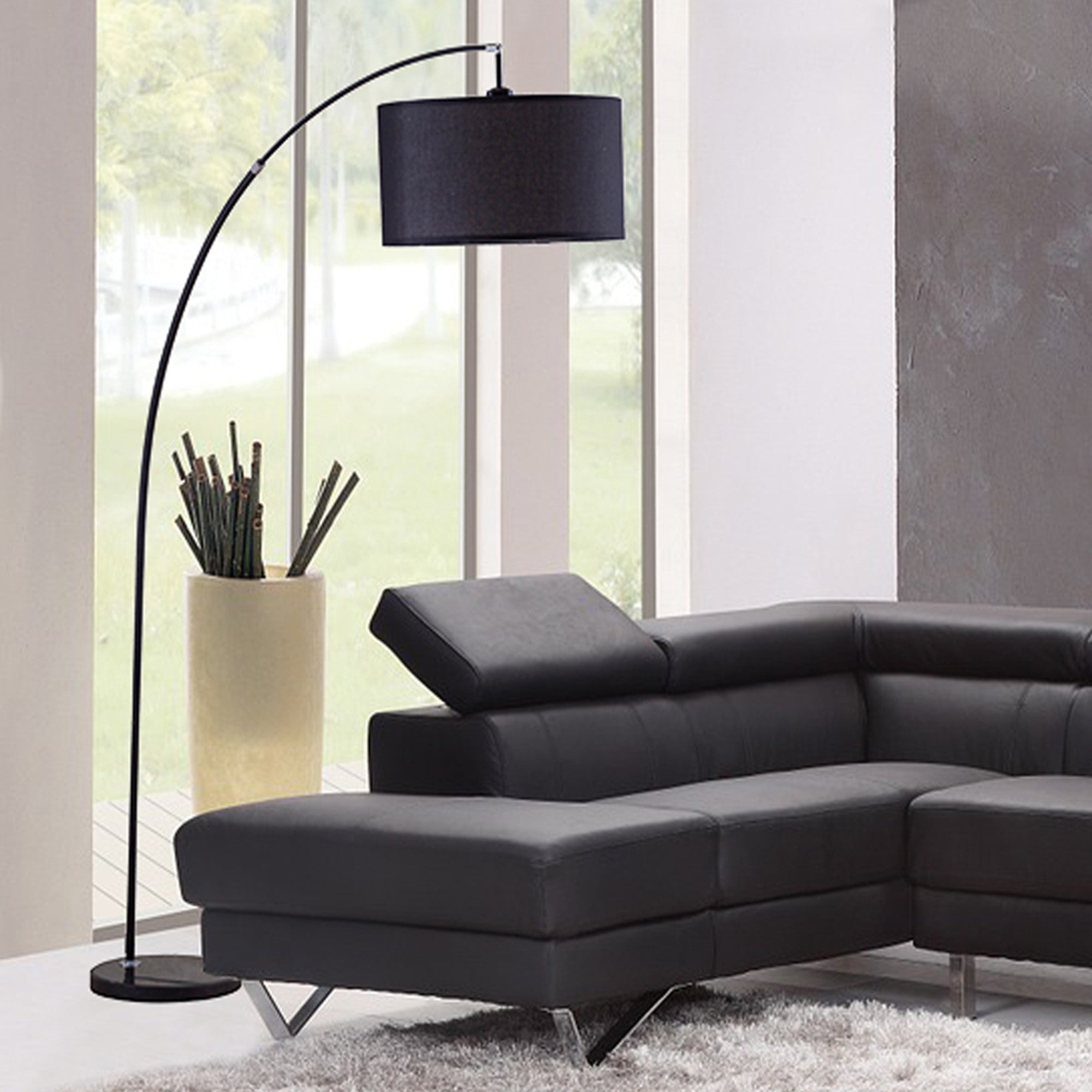 86" Sleek Black Arc Floor Lamp With Black Drum Shade