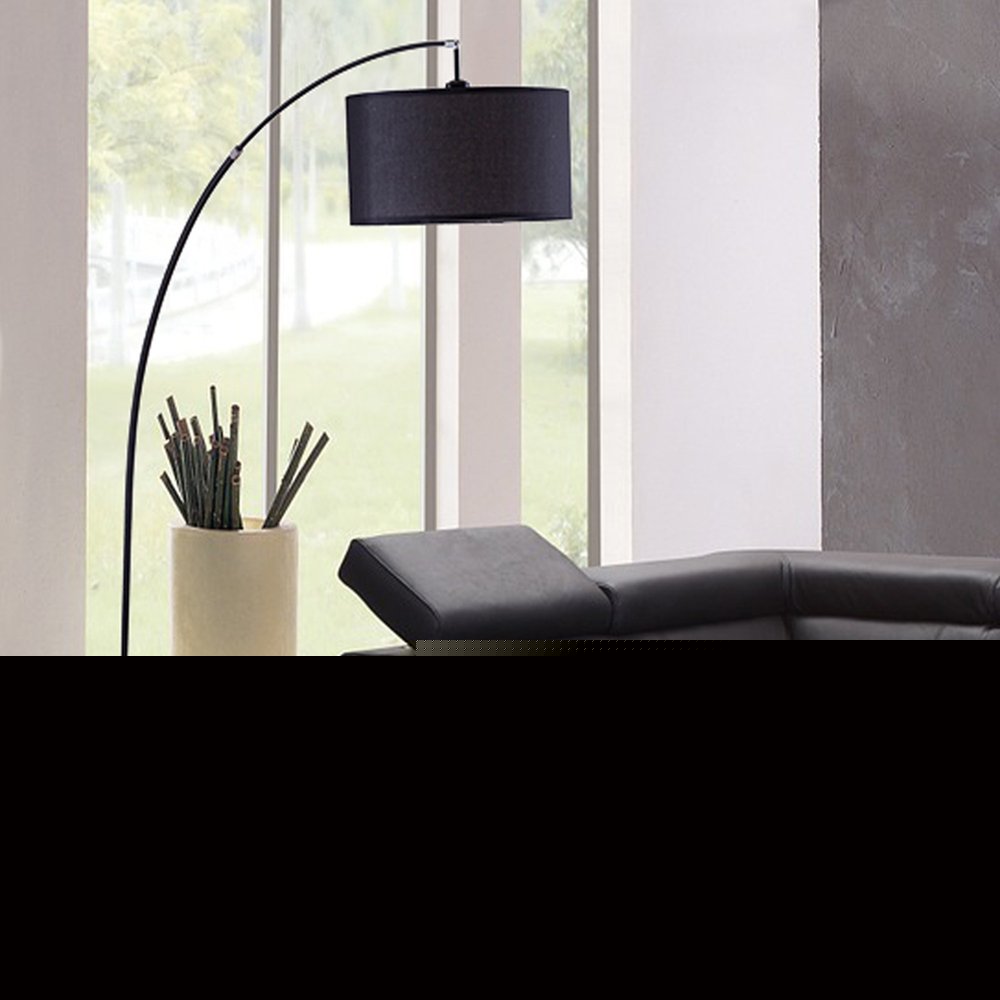 86" Black Metal Arc Floor Lamp With Black Fabric Drum Shade