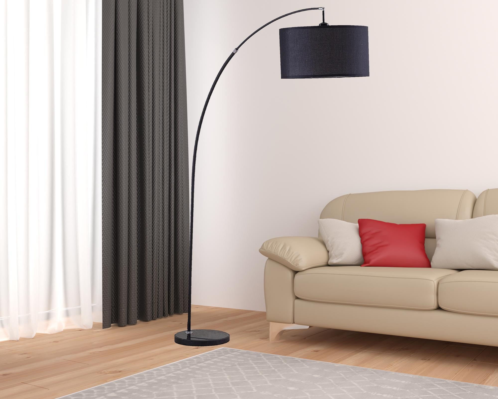 86" Sleek Black Arc Floor Lamp With Black Drum Shade