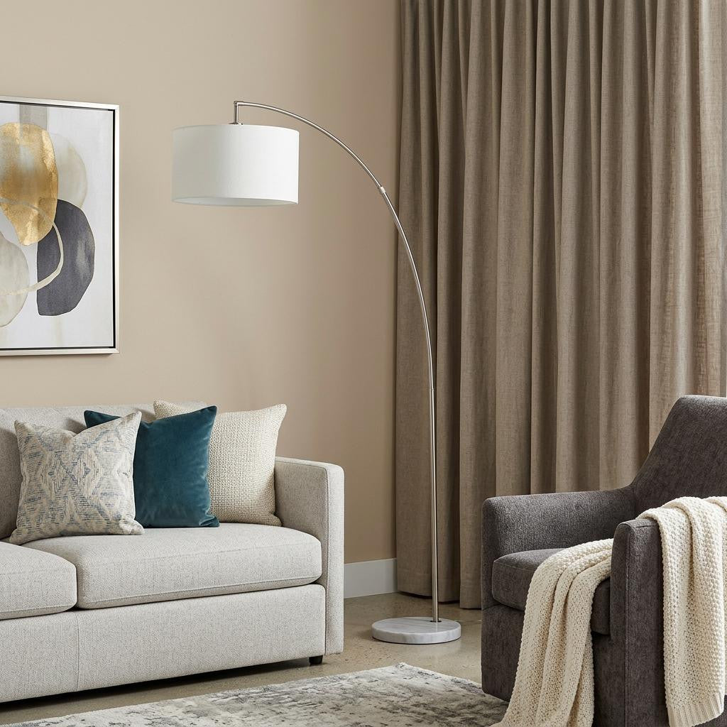 86" White And Silver Arc Floor Lamp With White Drum Shade