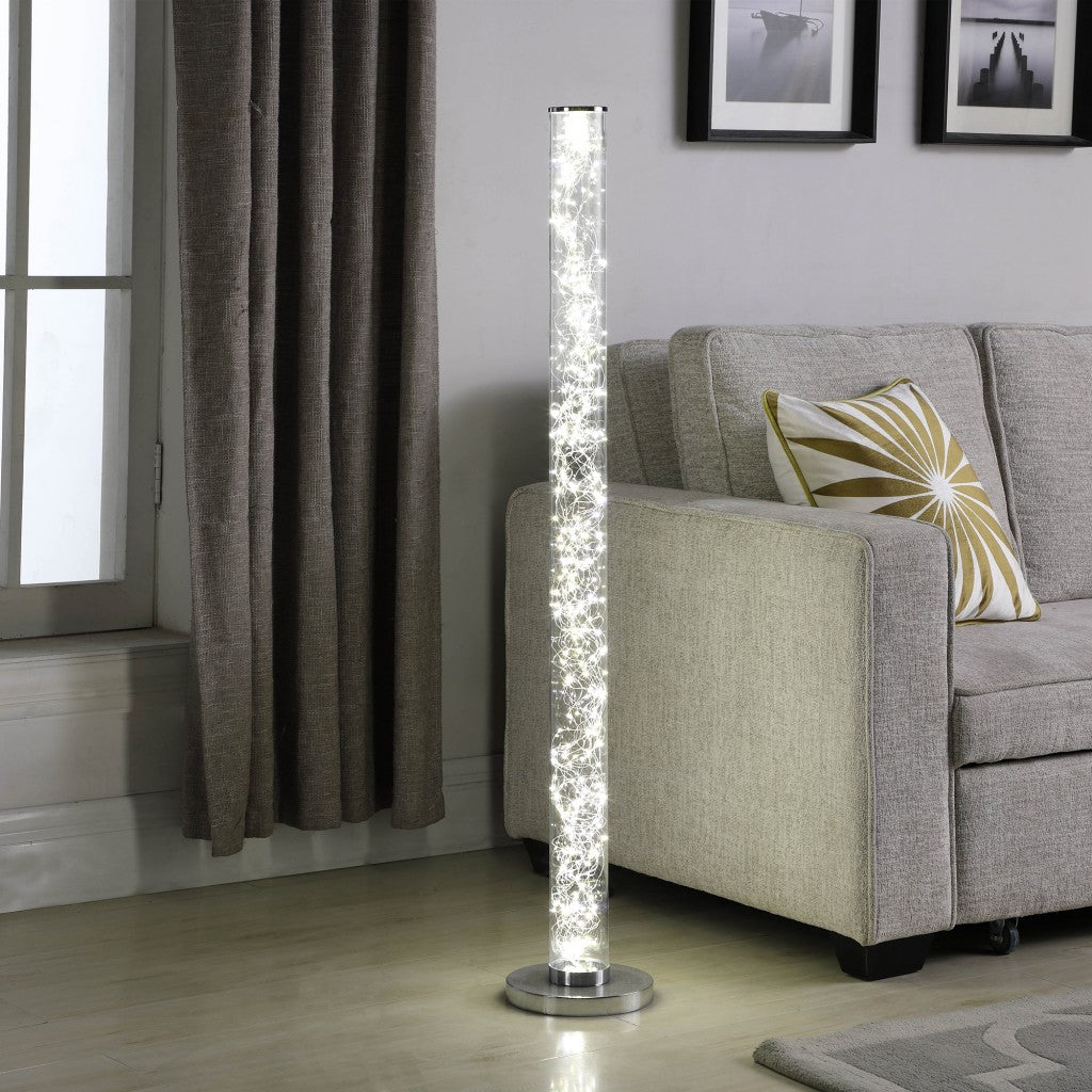 49" White Metal LED Column Floor Lamp With Clear Acrylic Drum Shade