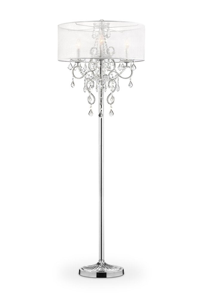 63" Silver Metal Three Light Candelabra Floor Lamp With White Acrylic Drum Shade