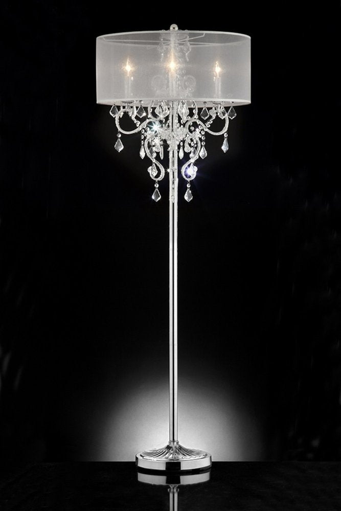 63" Silver Metal Three Light Candelabra Floor Lamp With White Acrylic Drum Shade
