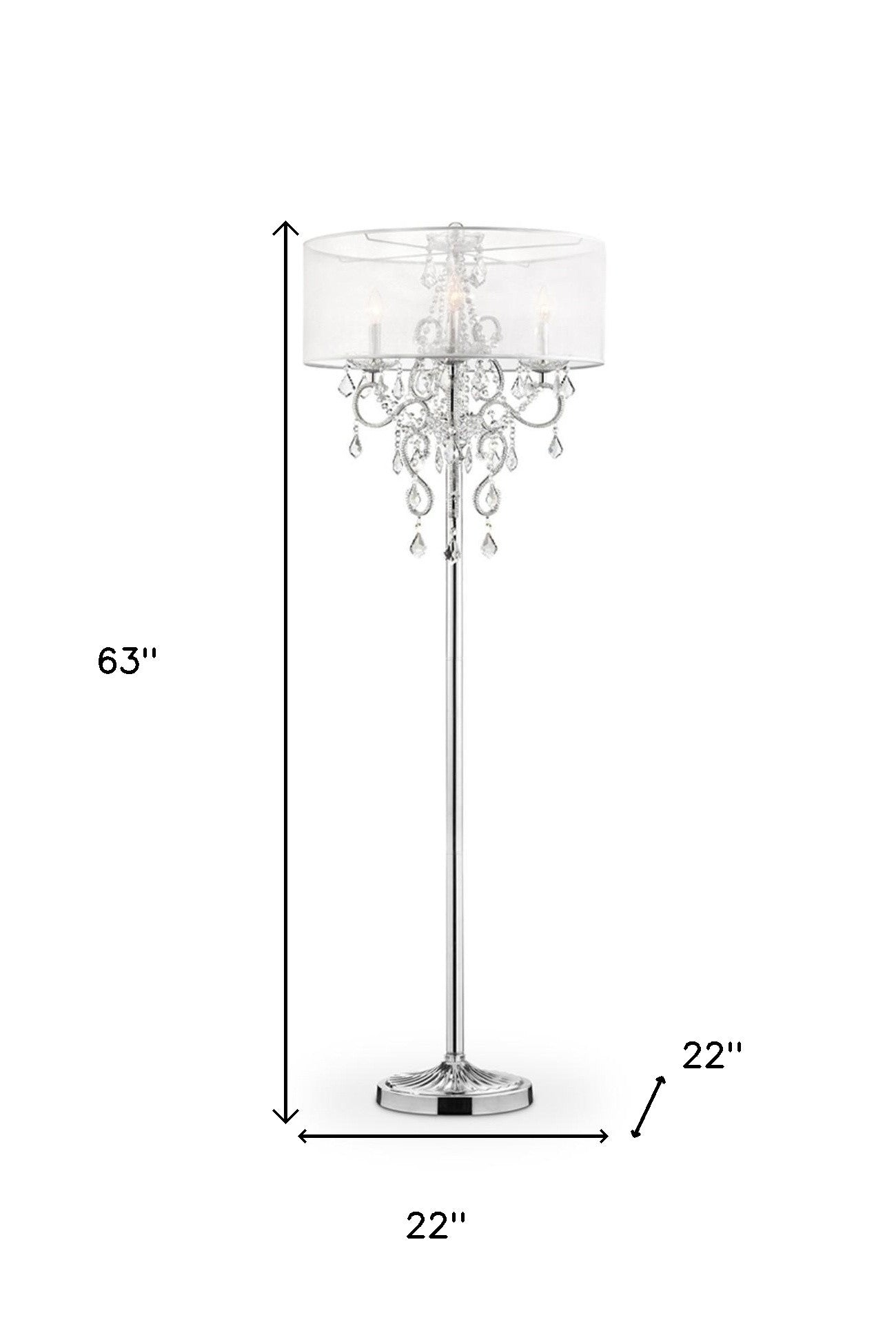 63" Silver Three Light Candelabra Floor Lamp With White Acrylic Drum Shade