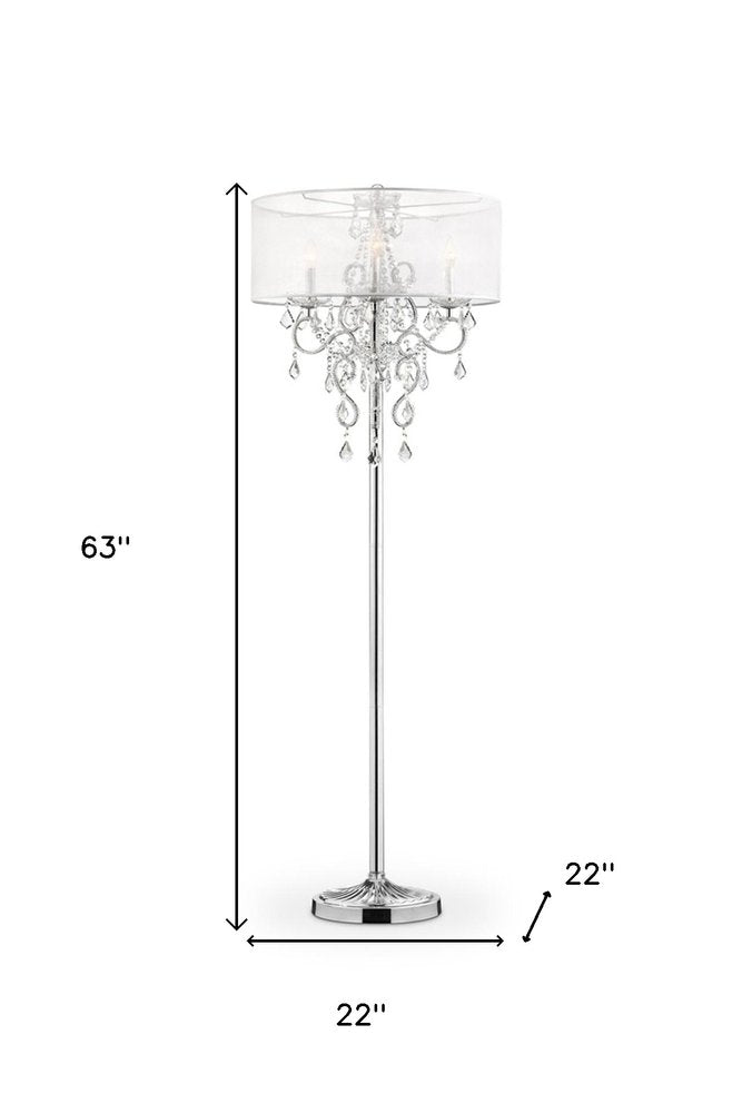 63" Silver Metal Three Light Candelabra Floor Lamp With White Acrylic Drum Shade