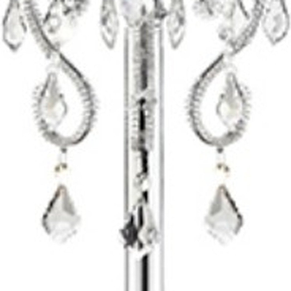 63" Silver Metal Three Light Candelabra Floor Lamp With White Acrylic Drum Shade