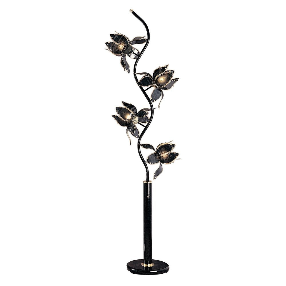 73" Black Metal Four Light LED Novelty Floor Lamp With Black Flowers Acrylic Shade