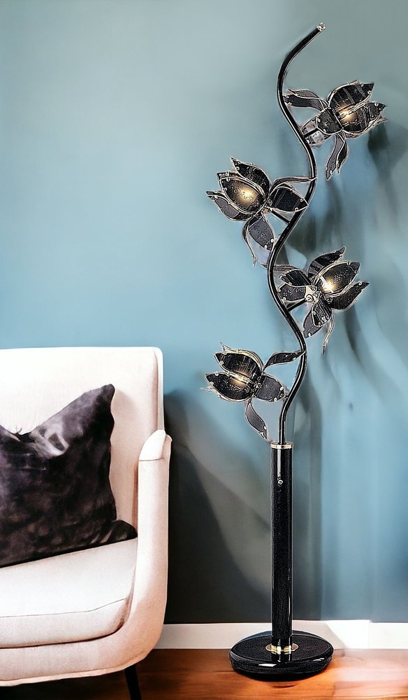 73" Black Metal Four Light LED Novelty Floor Lamp With Black Flowers Acrylic Shade