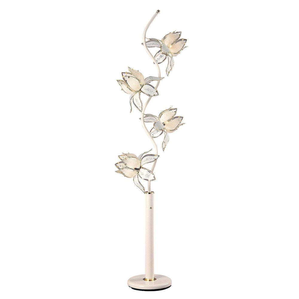 76" White And Gold Metal Four Light Tree Floor Lamp With White And Gold Flowers Frosted Glass Shade