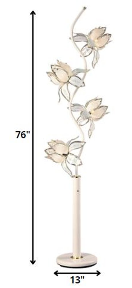 76" White And Gold Metal Four Light Tree Floor Lamp With White And Gold Flowers Frosted Glass Shade