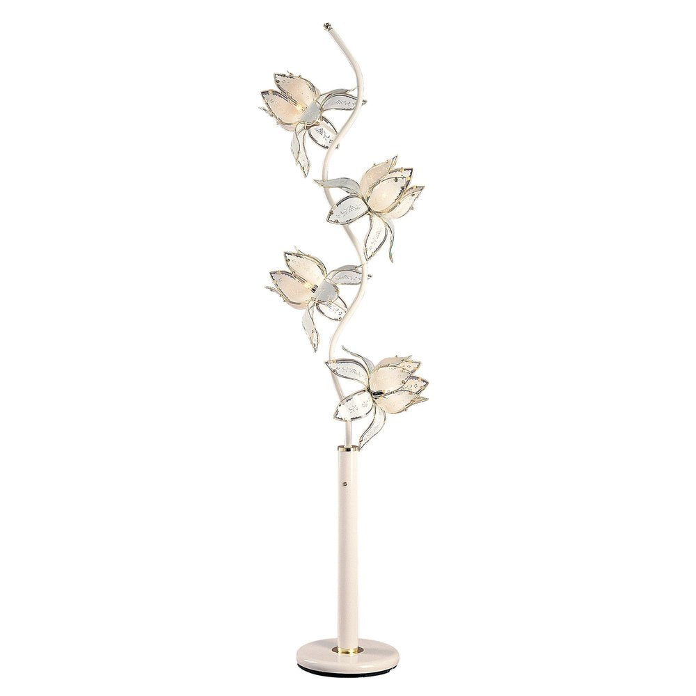 76" White And Gold Metal Four Light Tree Floor Lamp With White And Gold Flowers Frosted Glass Shade