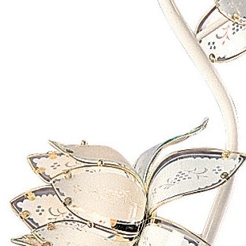 76" White And Gold Metal Four Light Tree Floor Lamp With White And Gold Flowers Frosted Glass Shade