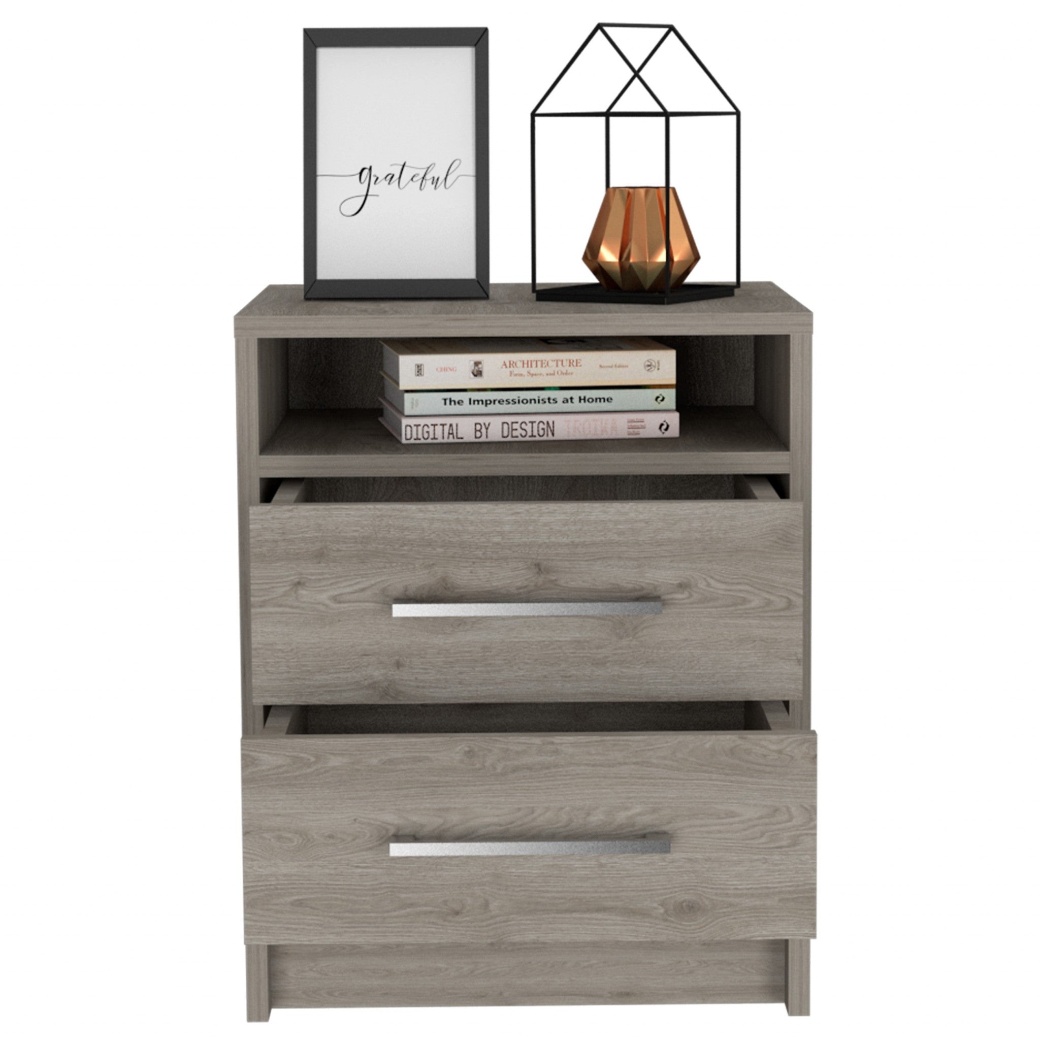 Light Grey Open Compartment Two Drawer Nightstand