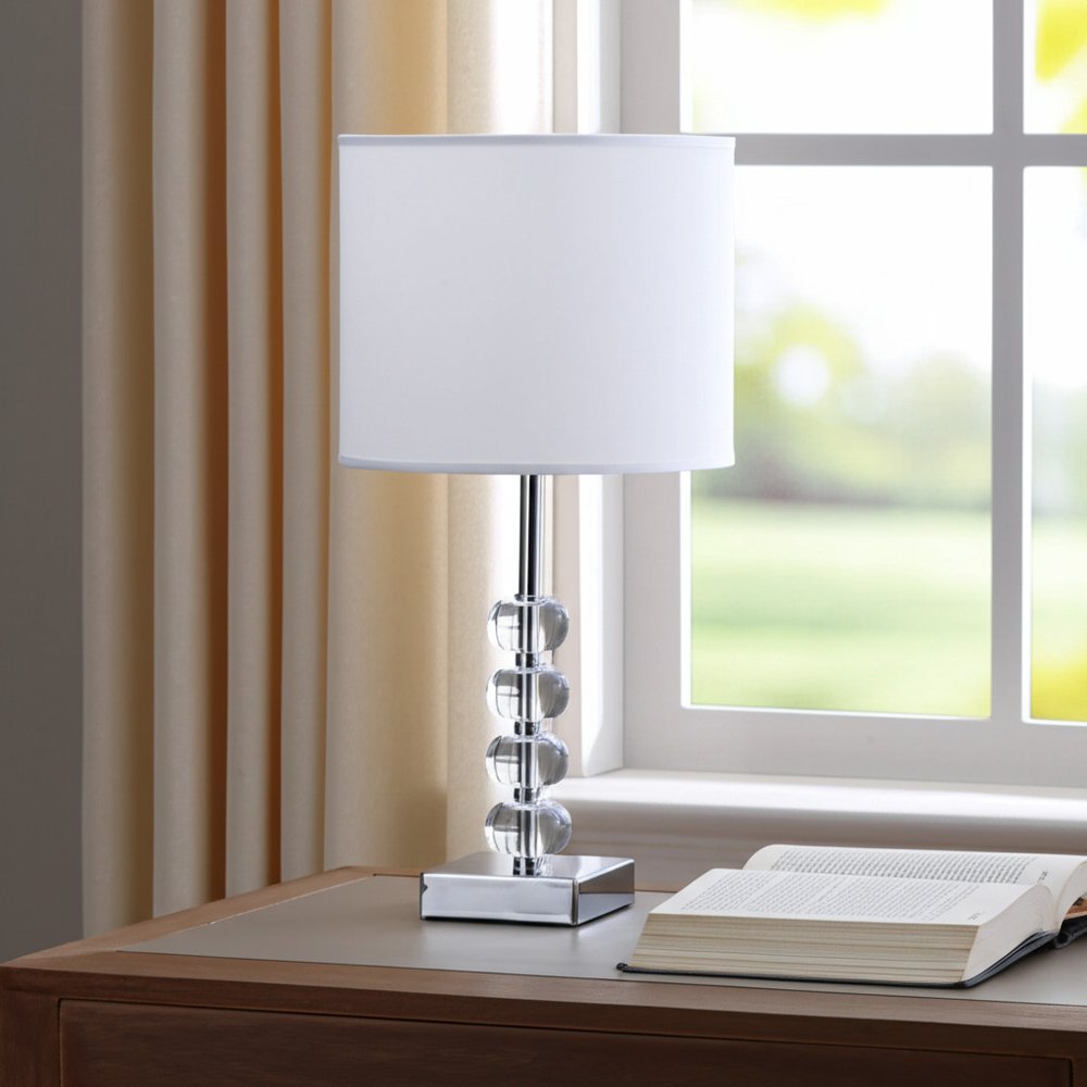 18" Silver Metal and Glass Orbs Table Lamp With White Drum Shade