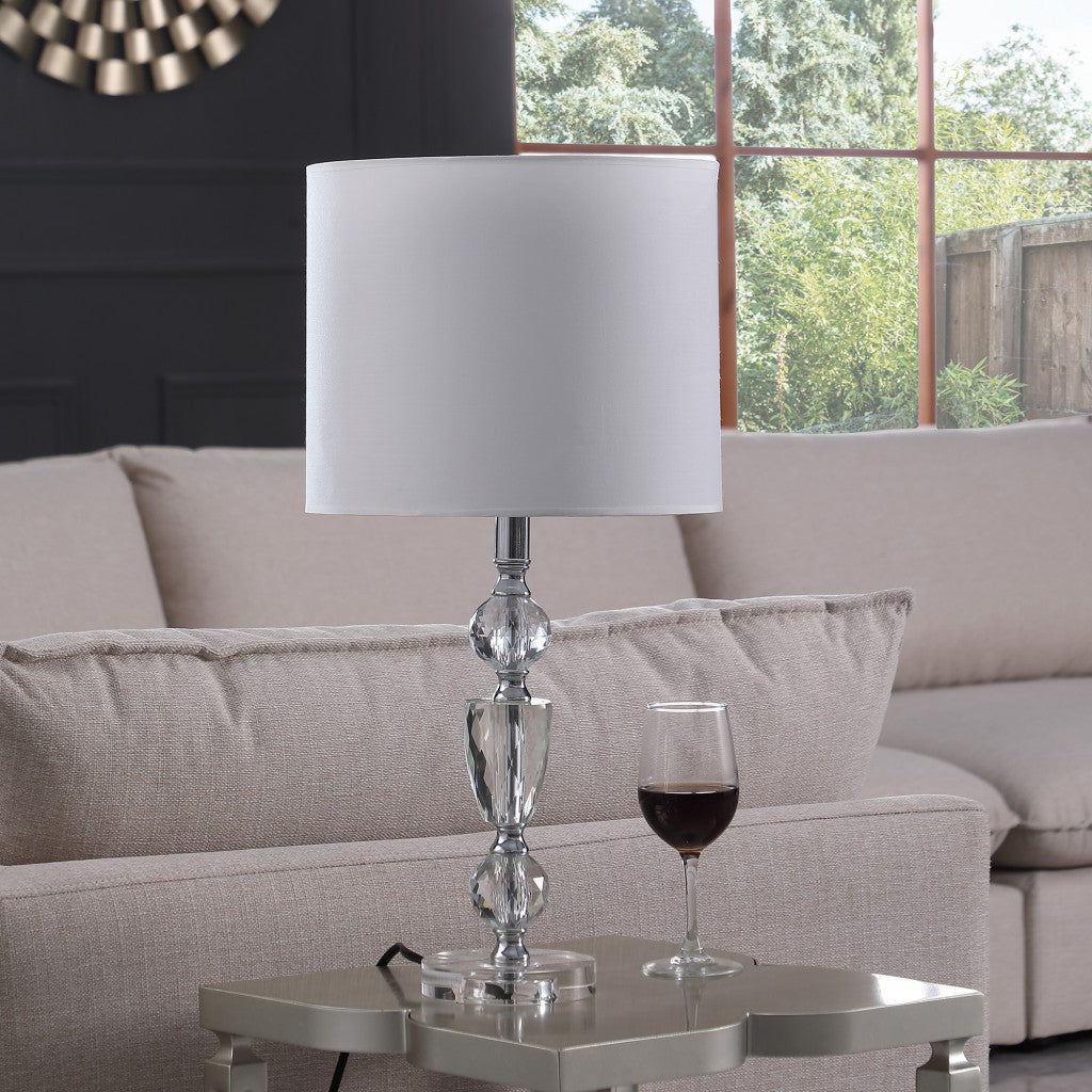 24" Clear And Silver Faux Crystal And Metal Table Lamp With White Drum Shade